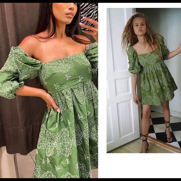 ZARA OPENWORK EMBROIDERED DRESS PUFF SLEEVES Green - Picture 3 of 11